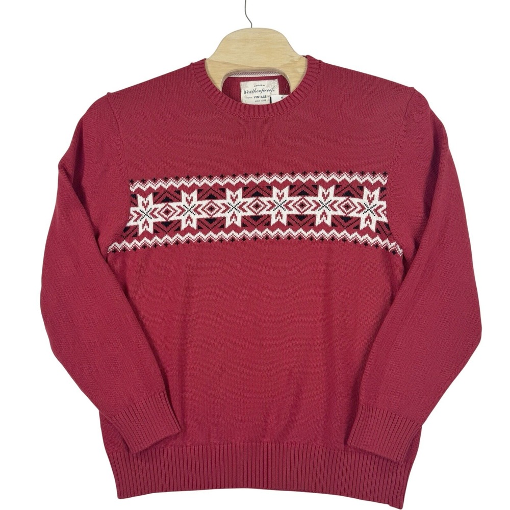 Weatherproof Vintage Sweater Mens XL Red Fair Isle Snowflake Cotton Holiday